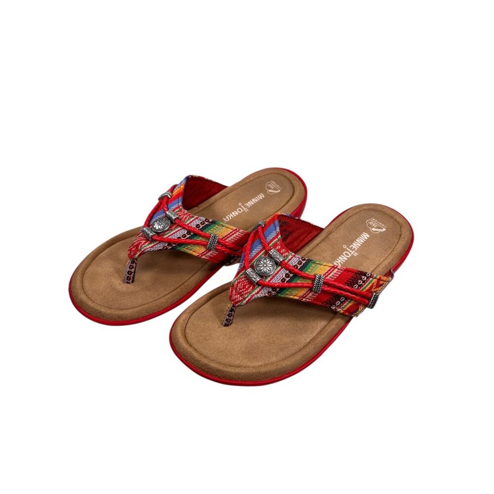 Minnetonka Red Leather Beaded Sandals Flip Flops Thongs 7M Womens Wedge Heel - Picture 3 of 12